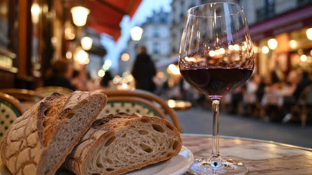 Red wine and bread on table.