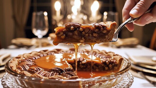 Hand serving slice of pecan pie with dripping caramel on dinner table