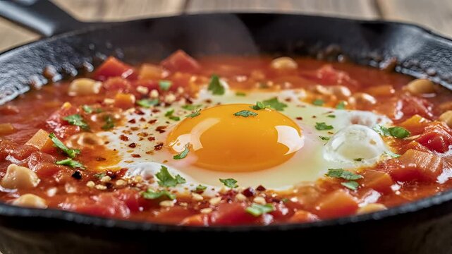 Delicious Shakshuka in a Cast Iron Skillet with Fresh Parsley.