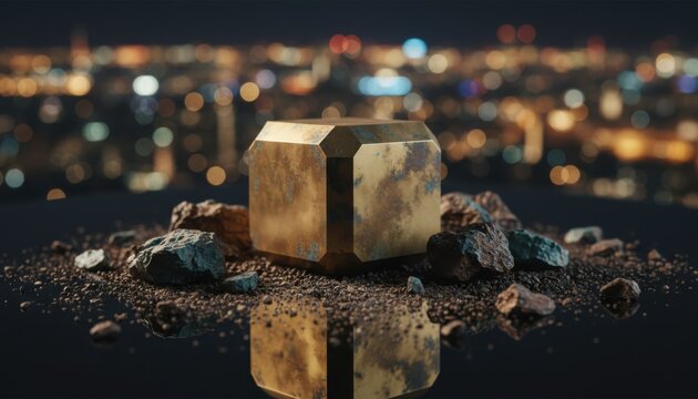 Metallic gold cube sits amidst rough mineral stones on reflective surface with blurred city night lights