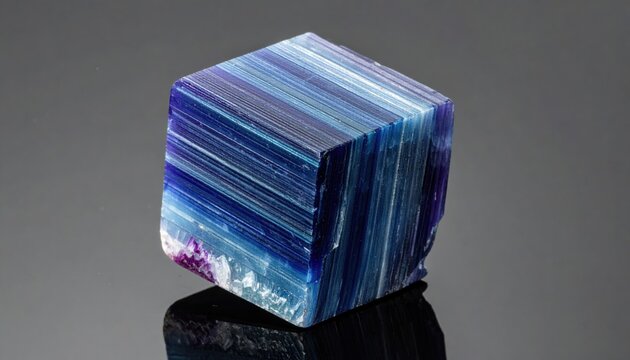 Single perfect cubic crystal of fluorite mineral featuring fine parallel striations and beautiful blue shades on a reflective surface