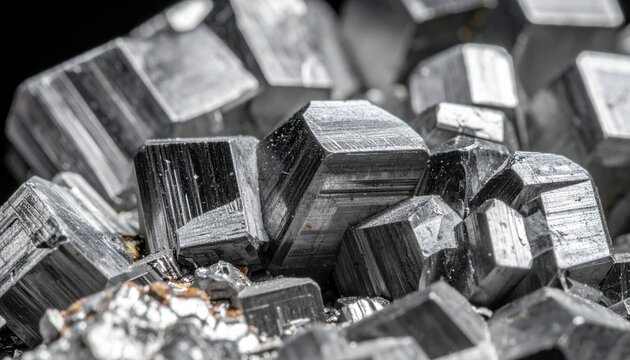 Dense cluster of metallic gray galena mineral crystals exhibiting cubic shapes and distinct geometric cleavage planes in close up