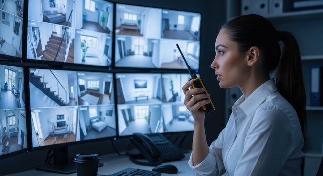 Security operator with radio monitoring multiple surveillance camera feeds on screens in a control room