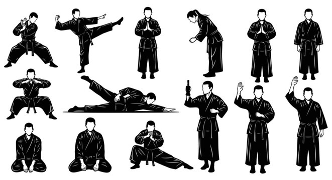 Black and White Karate Poses Vector Art