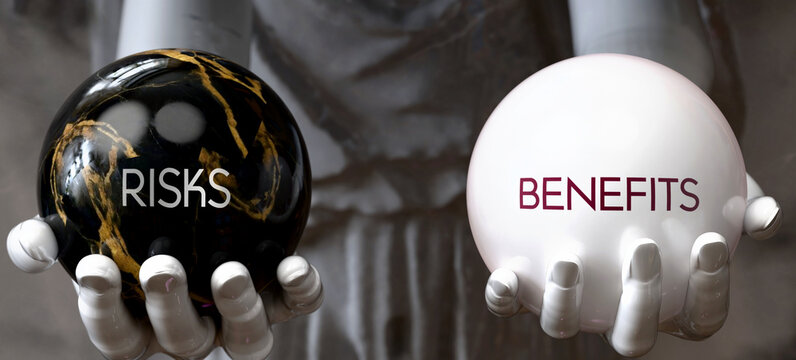 Risks or Benefits - decide between two options. Greek statue presenting a choice: risks or benefits, weighing their values. Looking at pros and cons. Presenting possibilities. ,3d illustration