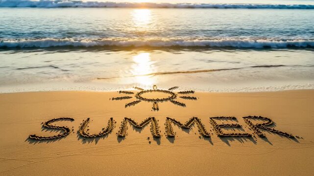 Sunset beach scene with summer sand and waves 4K Ai HD high quality video.