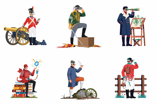Illustrations of historical and fantasy characters using modern technology such as VR headsets, tablets, and digital gadgets, isolated on white background.