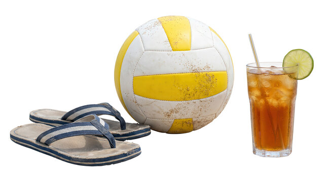 Beach essentials including flip flops, volleyball, and iced tea isolated on transparent background