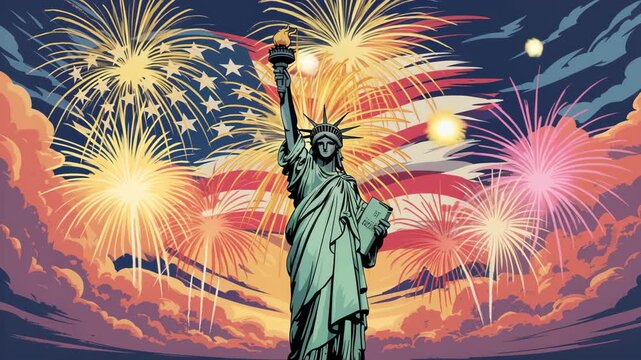 Patriotic 4th of july fireworks with statue of liberty and american flag 4K Ai HD high quality video.