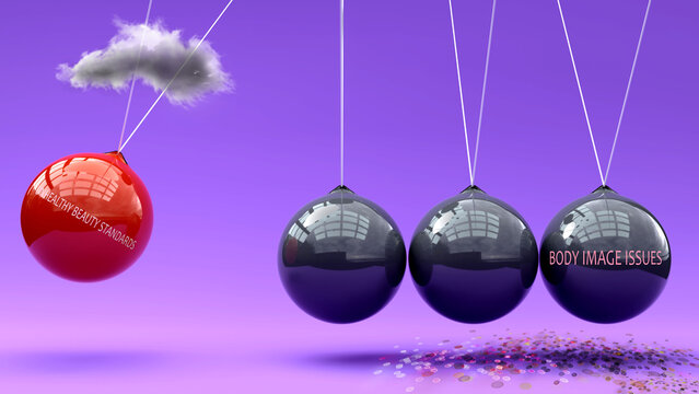 Unhealthy Beauty Standards leads to body image issues. A Newton cradle metaphor in which unhealthy beauty standards sets body image issues in motion. ,3d illustration