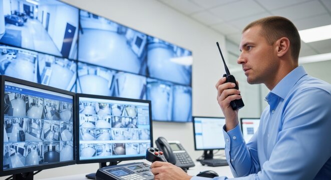 Security operator monitoring surveillance cameras on multiple screens while communicating via radio in a control room.