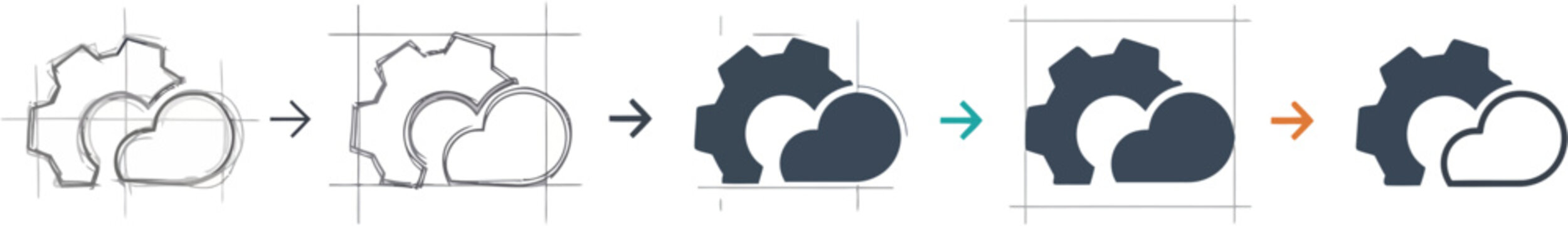 A conceptual sequence of evolving icons demonstrating cloud computing integration, process management, and configuration settings. Visualizing data technology and service evolution