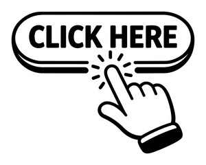 Obraz na płótnie Canvas Hand cursor clicking a CLICK HERE button, indicating website navigation, digital interaction, and call to action