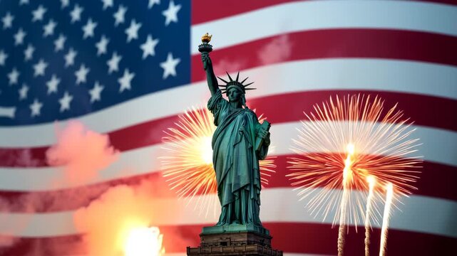 Patriotic american flag and statue of liberty with fireworks celebration 4K Ai HD high quality video.