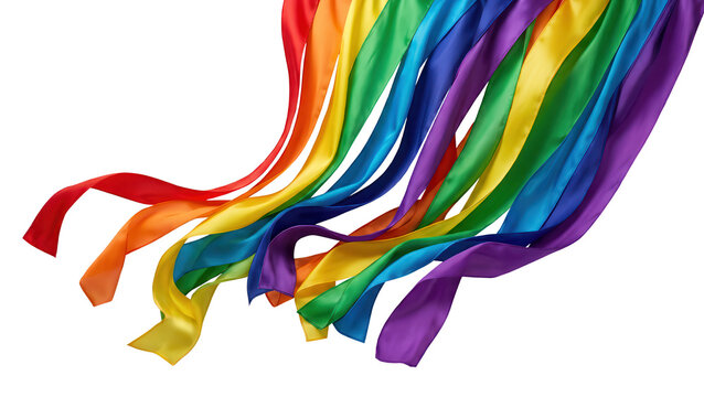 Flowing rainbow colored ribbons isolated on transparent background