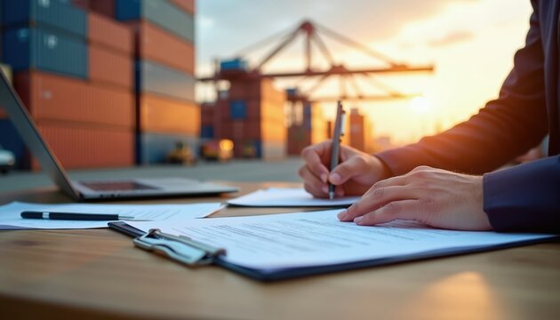 Man in suit reviews documents at port desk. Laptop open, pen in hand, writes on paperwork. Shipping containers and cranes form background at sunset.