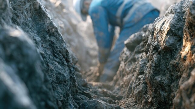 Person wearing a blue hard hat and overalls, working on a construction site. the person is bending down and appears to be digging a hole in the ground.