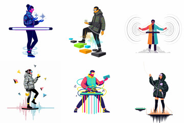 Fototapeta premium Collection of futuristic characters using VR headsets and digital music interfaces, representing metaverse and cyber technology in a colorful flat vector style.