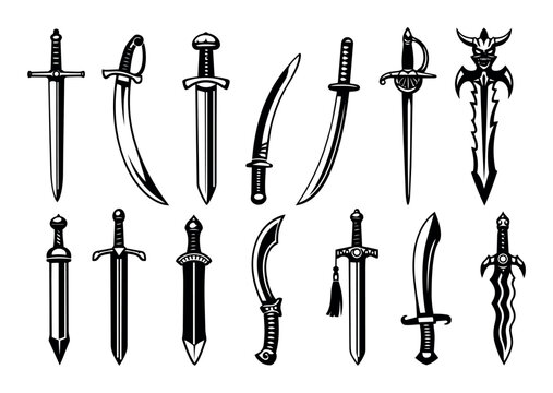 Set of various cold steel weapons representing combat, war, strength, and historical or mythical elements