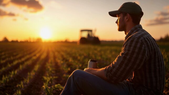 A quiet, relatable moment. A farmer has stopped his tractor at the edge of a large field.