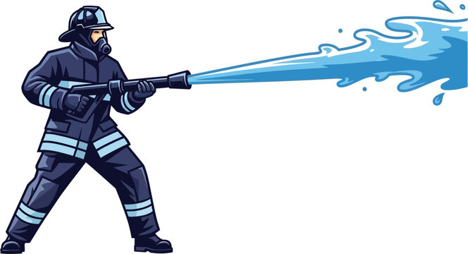 Vibrant illustration of a dedicated firefighter in full protective gear, operating a high-pressure hose to deploy powerful water for emergency fire suppression