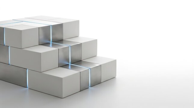 Modular White And Brushed Steel Blocks With Blue Light Routing, Clean Abstract Technology Background With Copy Space For Business Header