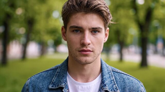 Portrait of a handsome young man with stylish hair looking at the camera in a green summer park, wearing a casual denim jacket. Male beauty, confidence and urban lifestyle concept.