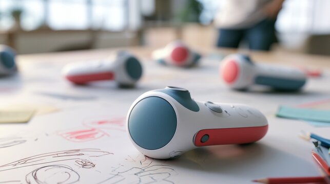 Virtual reality controllers on a table with sketches and notes. Creative workspace for team collaboration and brainstorming sessions.