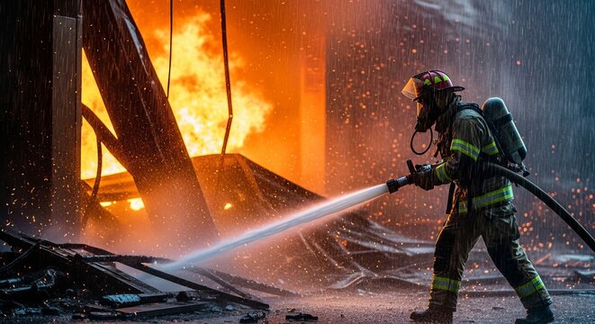 Brave firefighter battling intense blaze with hose in full protective gear