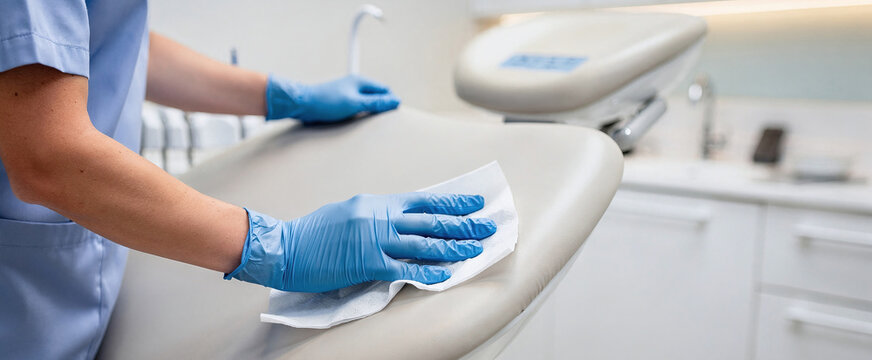 Medical professional in blue uniform and protective gloves diligently cleans and disinfects a neutral-colored examination chair with a white wipe, ensuring hygiene in a bright clinic setting