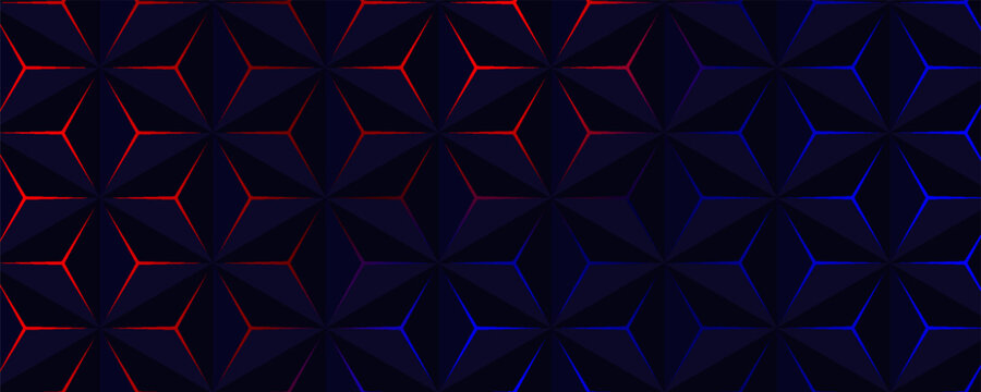 Geometric hexagonal pattern with glowing red and blue light accents on a dark background