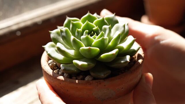 Person holding a small green succulent plant in a terracotta pot at home