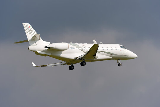 Tiriac Air private jet type Gulfstream G200 registration OE-HTI landing at Swiss Z&uuml;rich Airport on an autumn day. Photo taken October 17th, 2025, Zurich Airport, Switzerland.