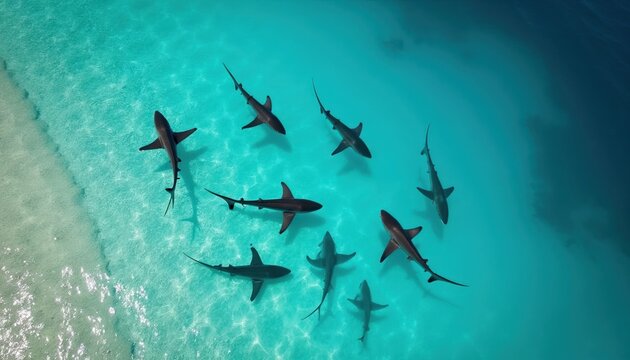Aerial view of group hammerhead sharks swimming near sandy beach in shallow turquoise water. Marine animals hunt in clear ocean sea, showing predator behavior in wild.
