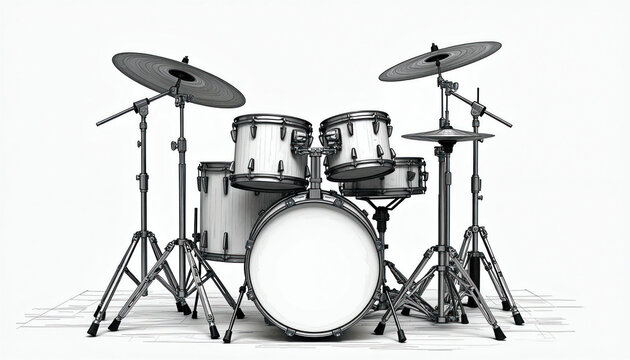 Drum kit in line art style. Includes kick drum snare toms and cymbals on stands. Musical instrument for percussionists and bands. Artistic graphic for music related content.
