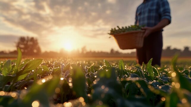A serene, almost spiritual morning scene. A farmer stands alone in a vast, dewy field at the break of dawn