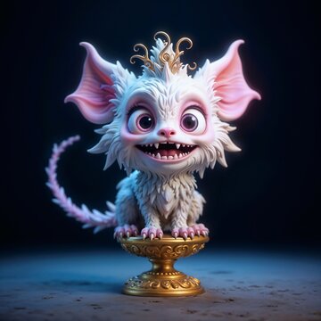 The image shows a small white furry creature with large pink eyes, pink ears and a wide smile revealing sharp teeth