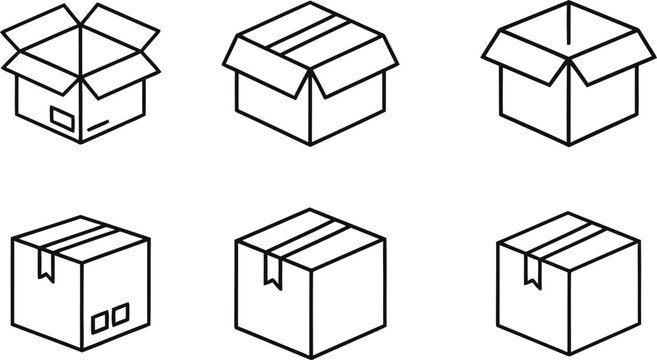 Set of cardboard boxes in various states and angles for packaging needs