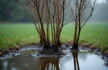 Obraz premium Bare tree stems stand in muddy water collected around their bases. Heavy rain falls on green grass field. Poor drainage causes waterlogged soil. Garden plants suffer.
