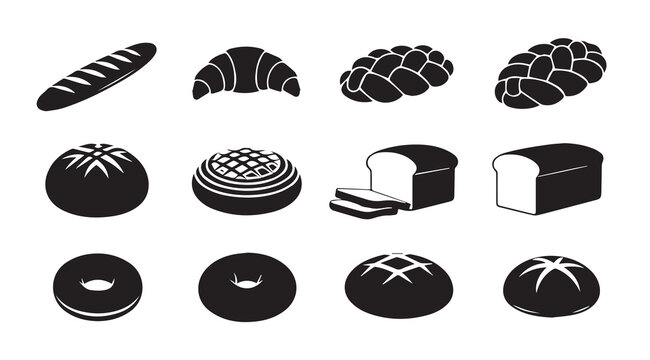 Assorted baked goods silhouettes in a clean grid layout with stark lighting for commercial design