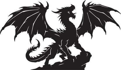 Dragon Silhouette: A striking silhouette of a mythical dragon, with powerful wings outstretched and sharp claws, stands defiantly atop a rocky outcrop, exuding an aura of ancient power and fantasy. © Yasir