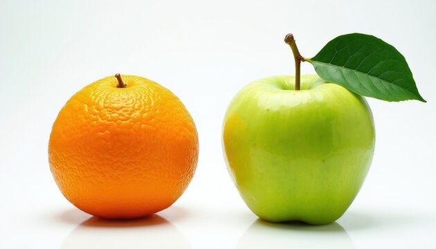 Juicy orange and crisp green apple with leaf, vibrant healthy fruits. Natural nourishment, sweetness, and vitamin C. Choice and comparison of ripe produce for diet.