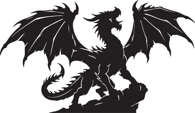 Dragon Silhouette: A striking silhouette of a mythical dragon, with powerful wings outstretched and sharp claws, stands defiantly atop a rocky outcrop, exuding an aura of ancient power and fantasy.