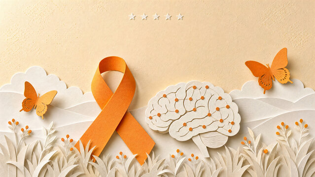 World Multiple Sclerosis Day Layered Paper Art with Orange Ribbon Brain and Butterfly Symbols on Warm Cream Background, Premium Papercut Awareness Banner 16:9