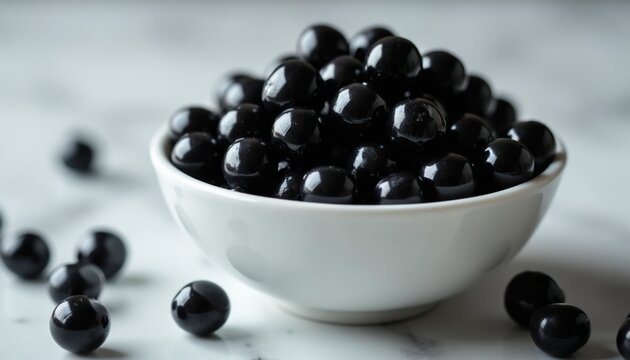Black tapioca pearls fill a small white bowl and are scattered on a marble surface. Shiny round boba balls are ready for cooking or serving as a sweet treat.