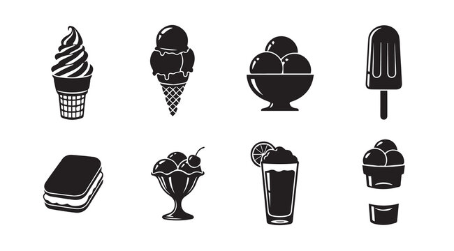 Assorted frozen desserts icons in clean silhouette style on white background