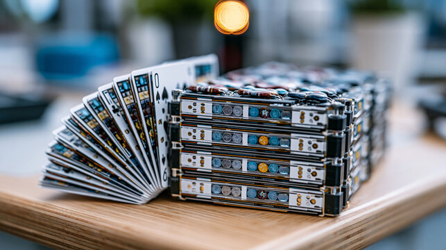 Close up of a hydrogen fuel cell stack cross-section on a laboratory bench, membrane electrode assembly layers fanned out like playing cards, white background, perfect for fuel cell technology, engi