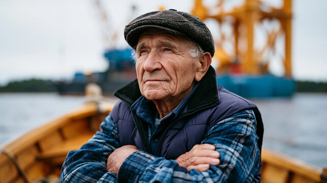 Elderly fisherman in a traditional wooden boat watches a wave energy converter installation barge from fifty meters away, arms crossed, expression thoughtful, morning mist on the cove, ideal for oce