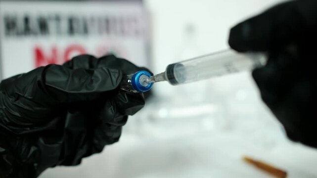 Close-up footage of medical syringe and vaccine vial handled with black protective gloves in bright laboratory environment. Healthcare and immunization concept.