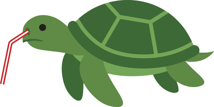 Green turtle drinking from red straw, cartoon